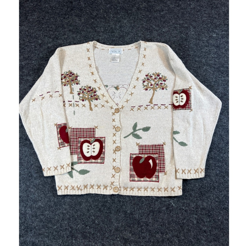 VINTAGE 3D Knit Noevlty Cardigan Sweater Large Beige Apple Patchwork Cottagecore